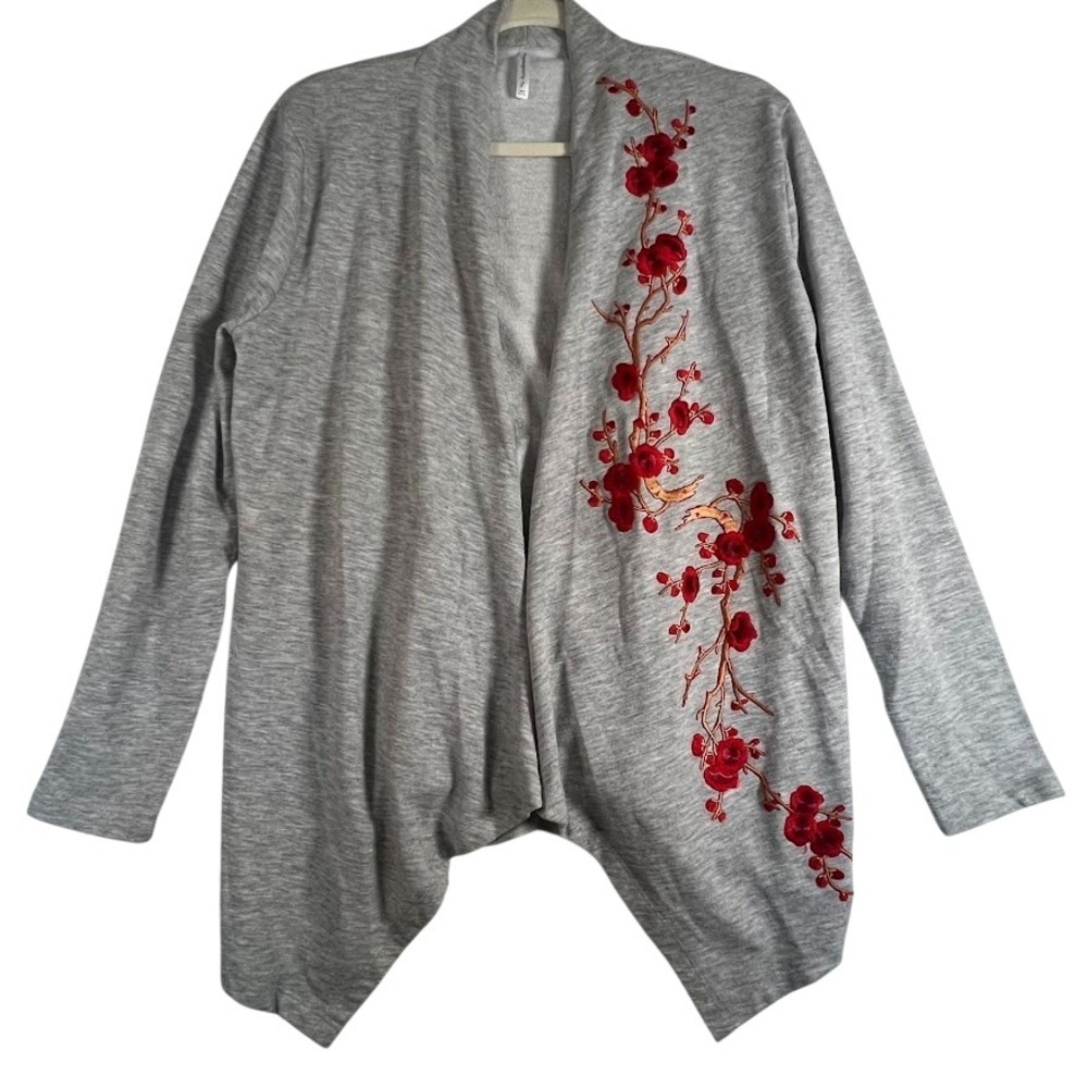 Passports Gray Red Floral‎ Embroidered Sharkbite Cardigan Open Front Womens S